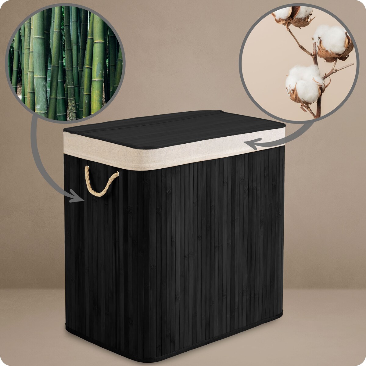 Massido, bambusowy kosz na pranie z pokrywą 150l, czarny trzykomorowy 61x62x42 cm