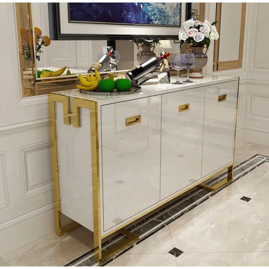 Nowoczesna komoda biała złota ze stali nierdzewnej Anew White Premium 123x40x85 / do salonu/ do gabinetu / pojemne szuflady