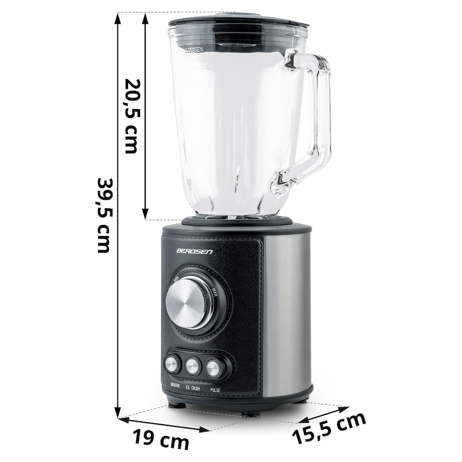 Duży blender kielichowy szklany Berdsen 800w czarny 1,5l