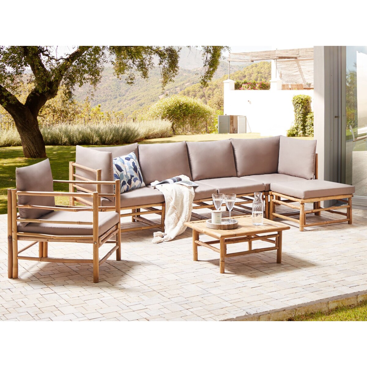 Zestaw ogrodowy ze stolikiem dla 6 osób CERRETO Lewostronny Drewno bambusowe Beżowoszary