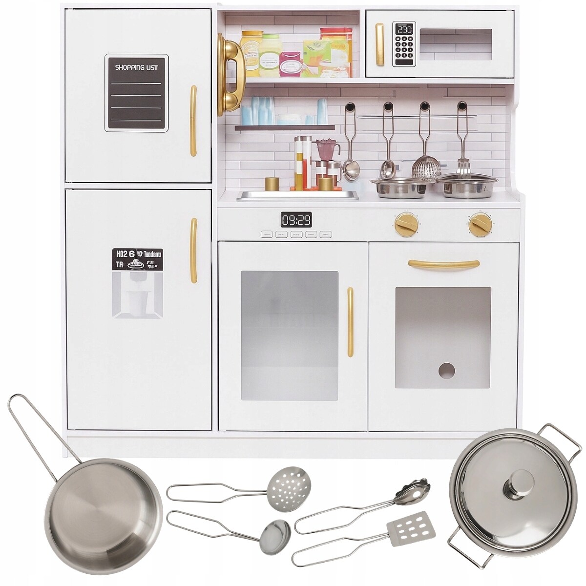 Drewniana kuchnia MILK dla dzieci – biała kuchnia z lodówką, zlewem, mikrofalą i akcesoriami