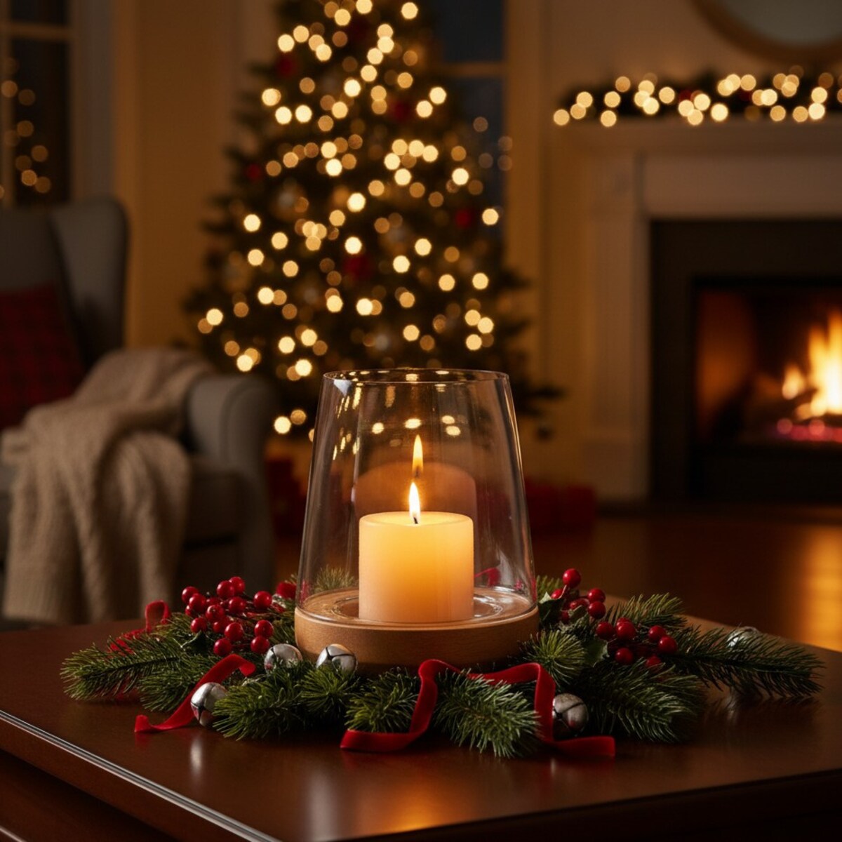 Lampion z drewnianą podstawką, 23 cm