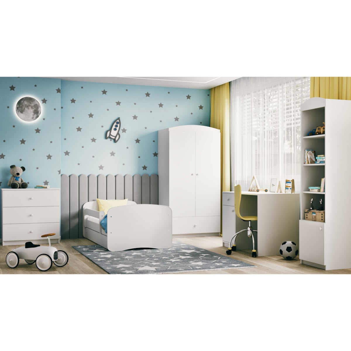 Łóżko babydreams białe bez wzoru z szufladą materac 140/70