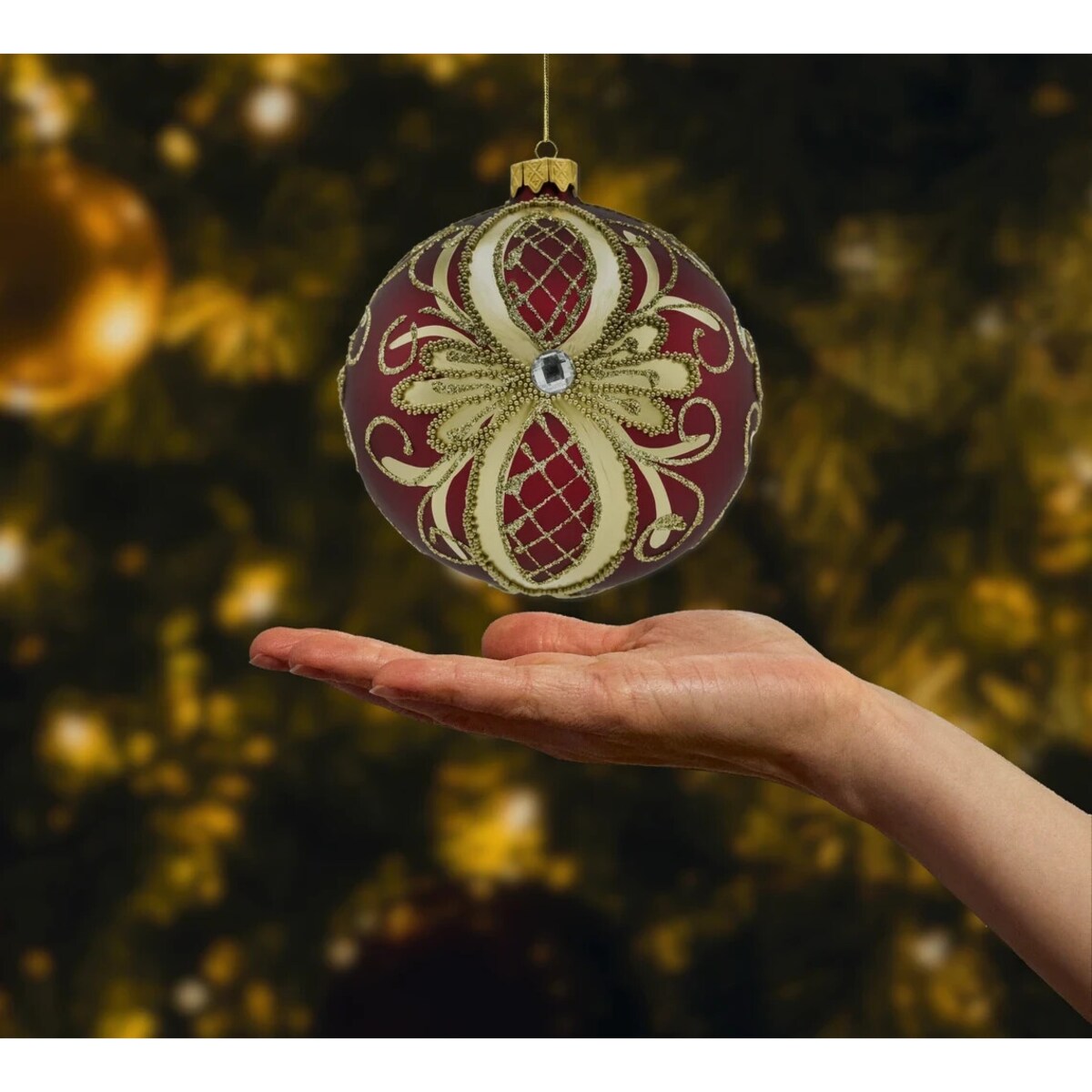 Bombka choinkowa ręcznie malowana: Bombka ekskluzywna czerwono-złota ze stojakiem