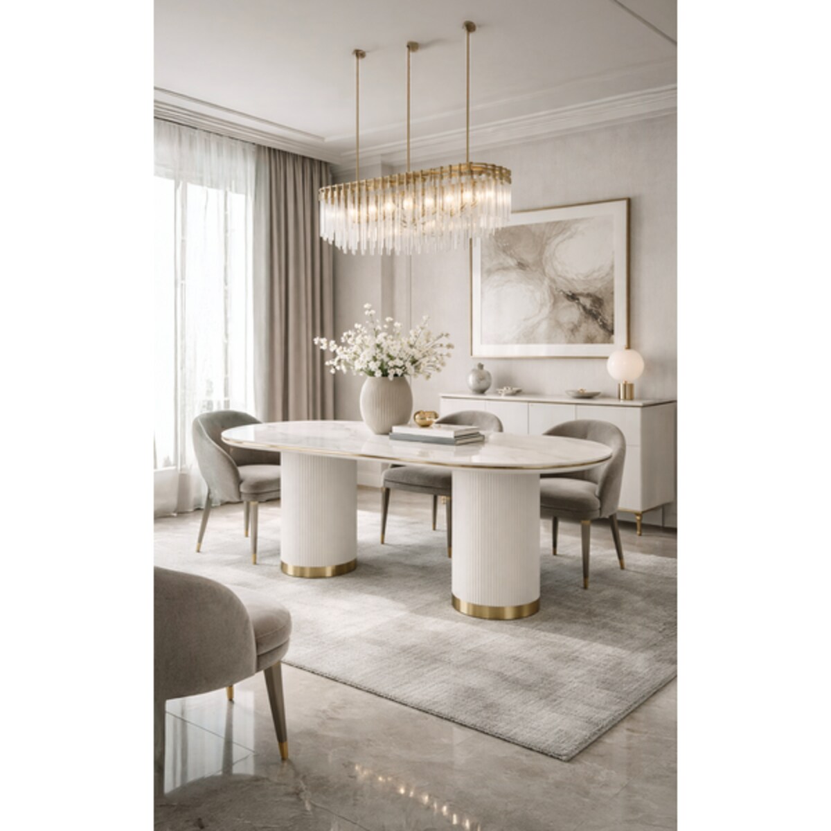 Stół owalny glamour marmur 180x90 ryflowane nogi do jadalni Luna Ecru