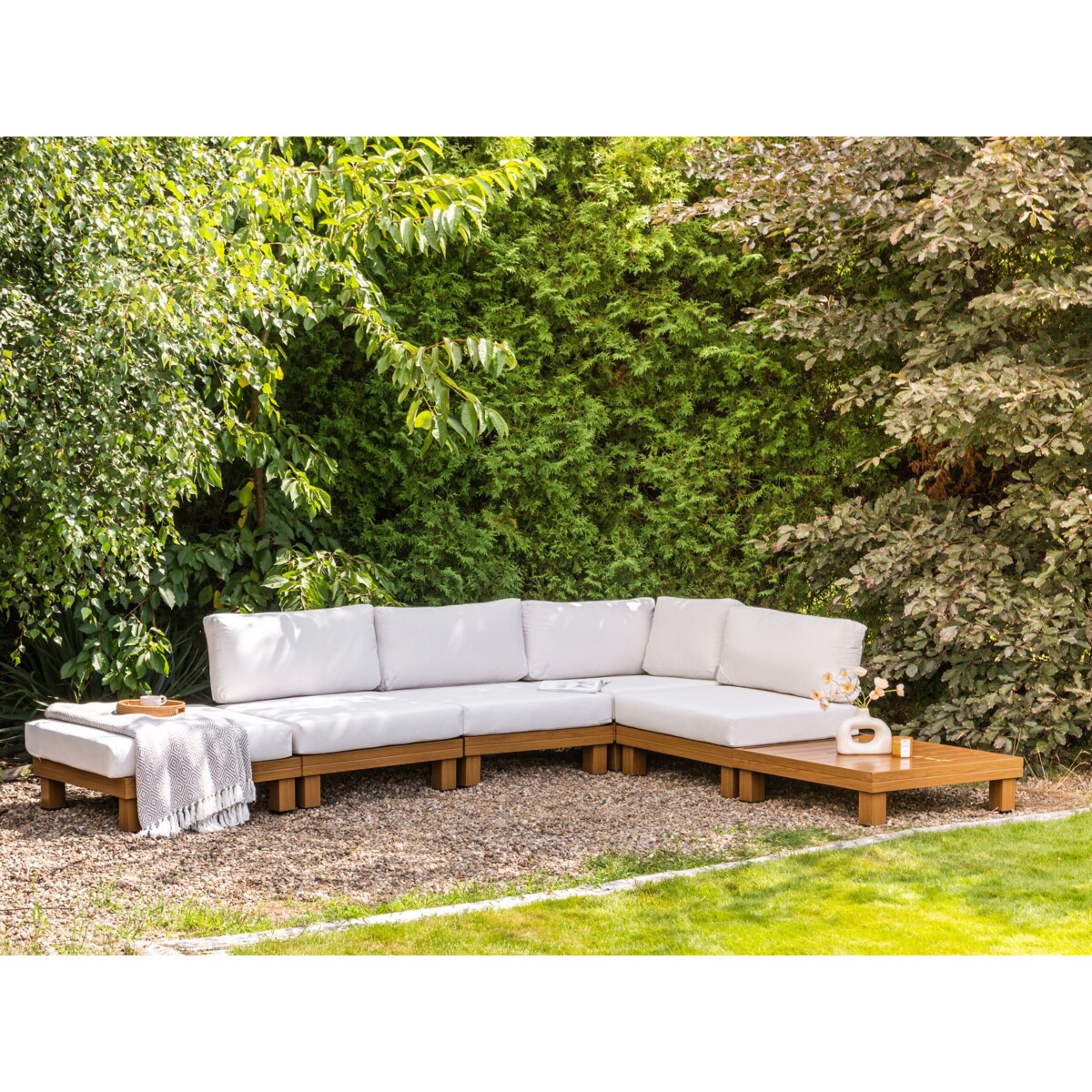 Narożnik ogrodowy ze stolikiem dla 5 osób SANZA Lewostronny Modułowy Metal Biały