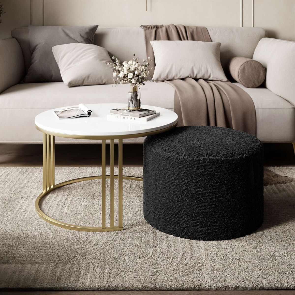 Stolik kawowy z pufą LORI POŁYSK złoto szczotkowane, biały / Coral 60