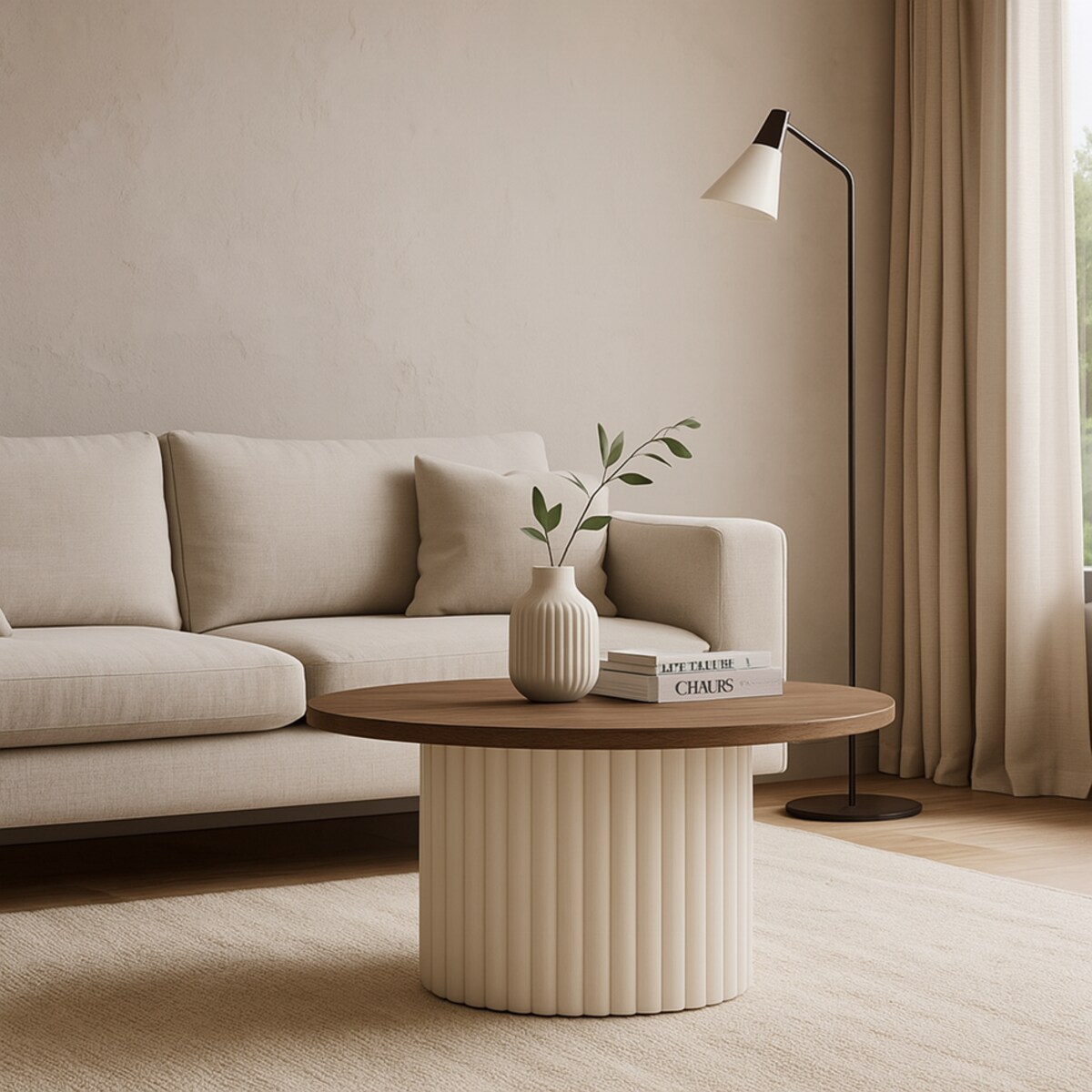 Okrągły stolik kawowy Riko 58cm ryflowana podstawa-dąb lefkas/ kaszmir