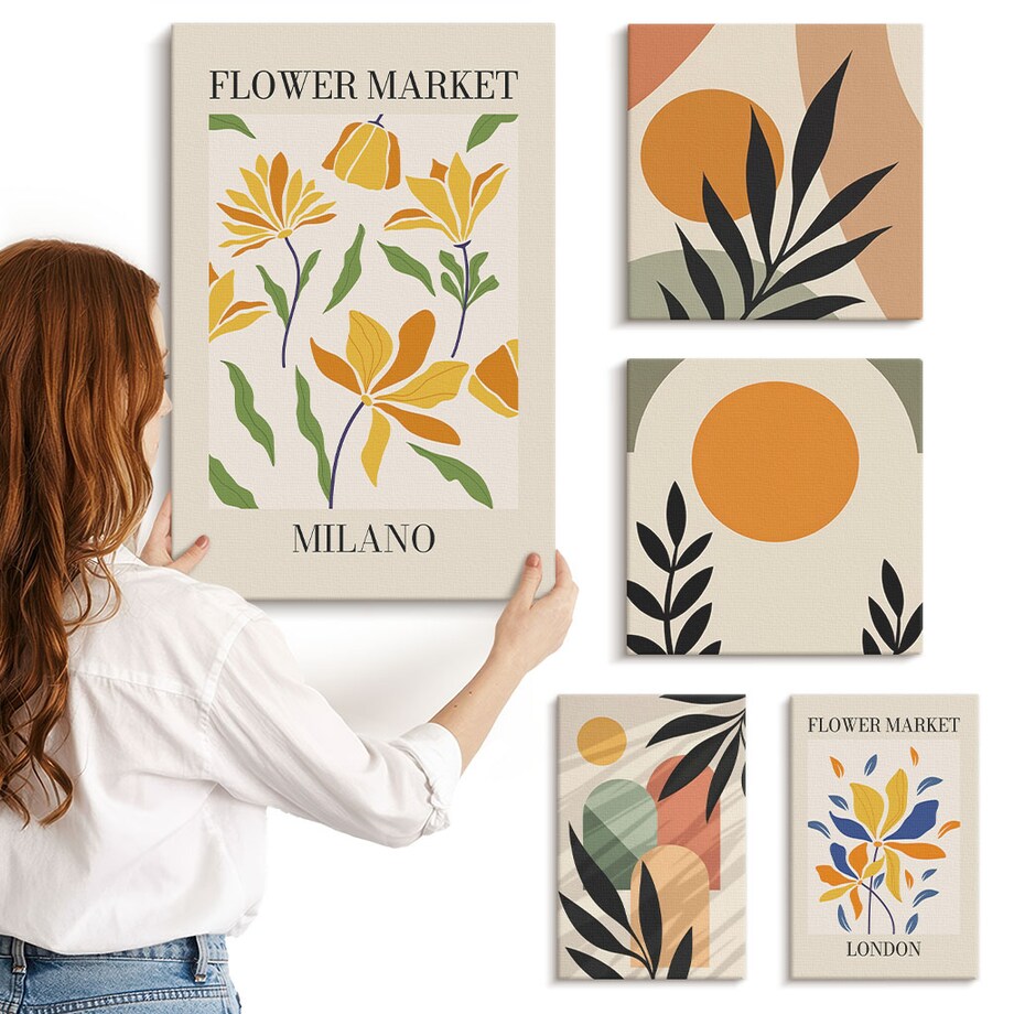 Zestaw 5 obrazów na płótnie - Kwiaty abstrakcyjne boho styl - pomarańczowy