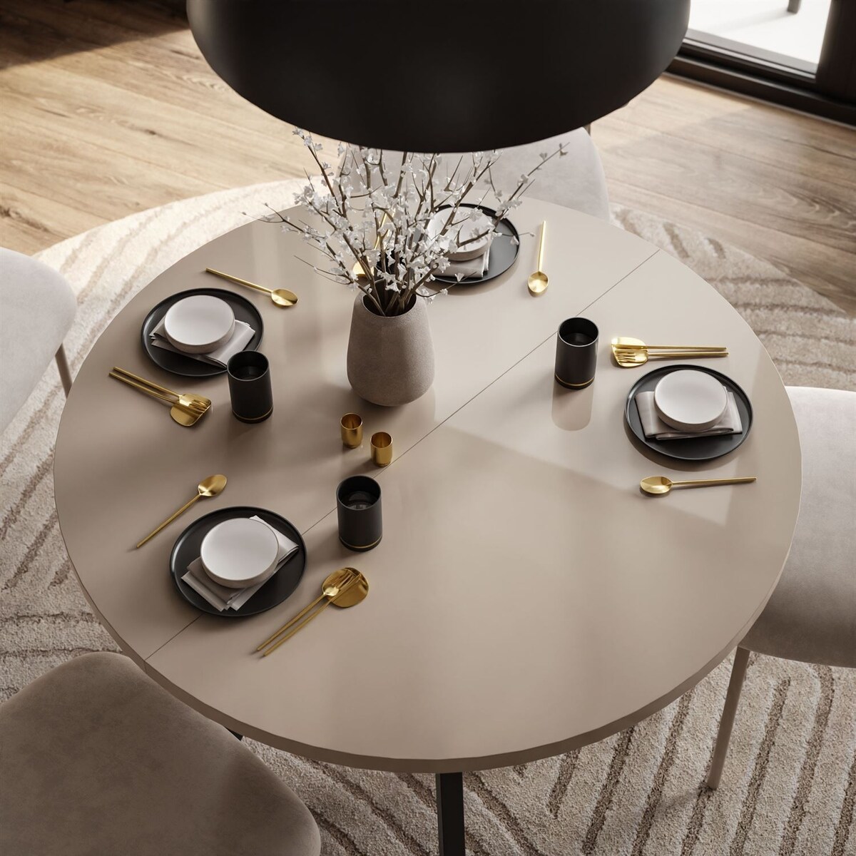 Okrągły stół rozkładany VOLTA GLOSS, nogi czarne, blat kaszmir