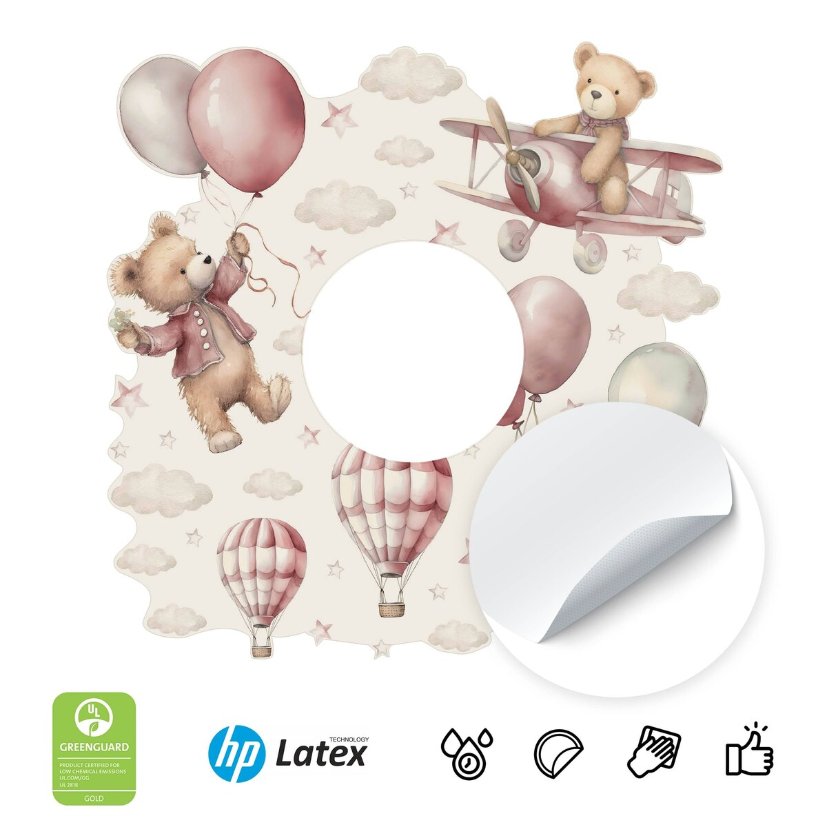 Naklejka Pod Włącznik Misie Różowe Balony Chmurki Gwiazdki Boho Dla Dzieci 20x20cm