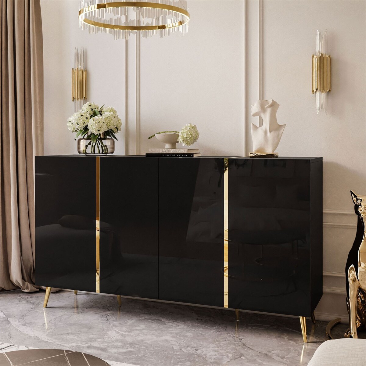 Komoda ONYX 4D 158 cm na złotych nóżkach, czarna, push-to-open