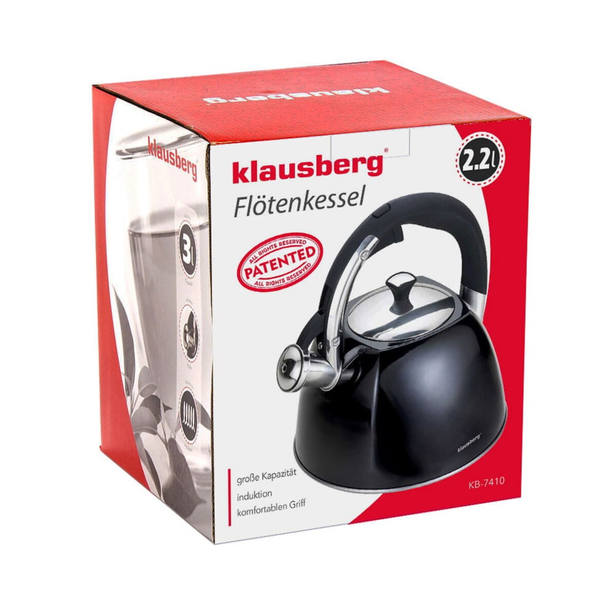 Czajnik stalowy z gwizdkiem 2.2L czarny połysk KLAUSBERG