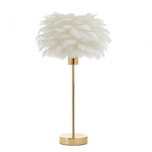 Elegancka lampa nocna stołowa z kloszem z białych piór ściemniacz 3 kolory świecenia USB OZD12