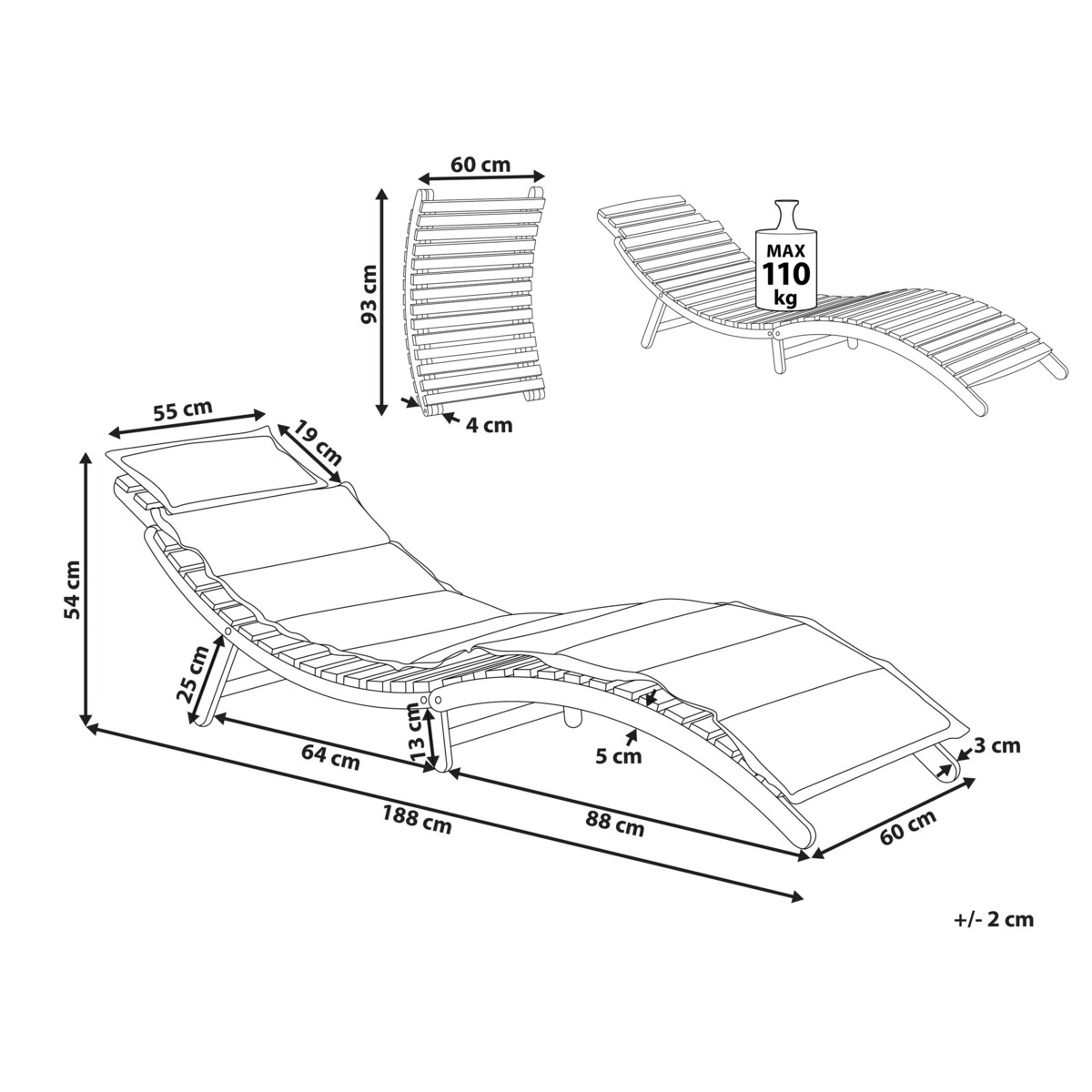 Leżak ogrodowy z poduszką LUINO Drewno akacjowe Złamana biel