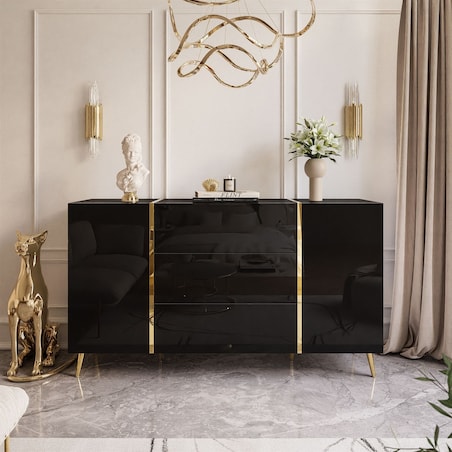 Komoda z szufladami ONYX na złotych nóżkach wysoki połysk 158 cm, czarna, push-to-open