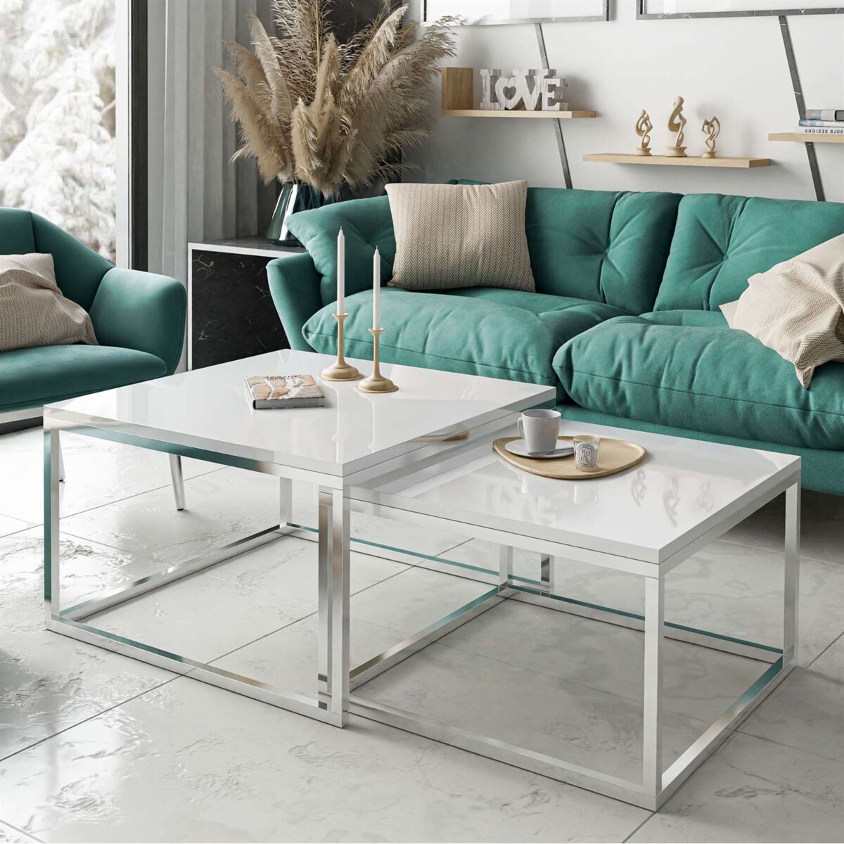 Stolik kawowy ława YOSHI 2w1 chrom biały połysk 40/46 cm