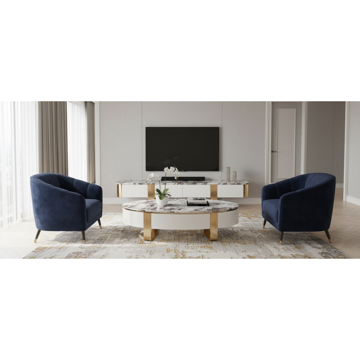 Stolik kawowy biały/ ława Sofia na złotych nogach z kamiennym blatem 150x80x38