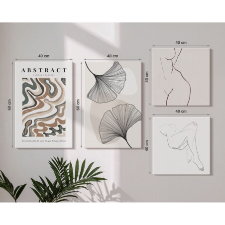 Zestaw 4 obrazów na płótnie - Abstrakcyjny boho kształty liści - beżowy