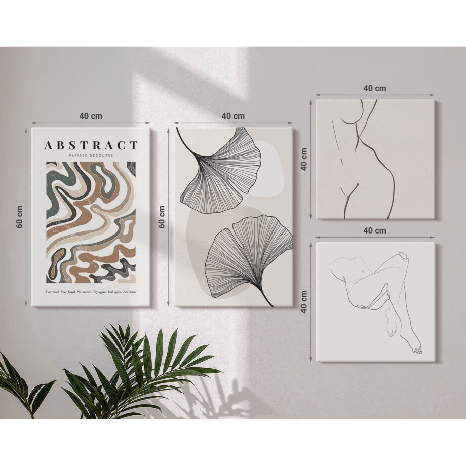 Zestaw 4 obrazów na płótnie - Abstrakcyjny boho kształty liści - beżowy