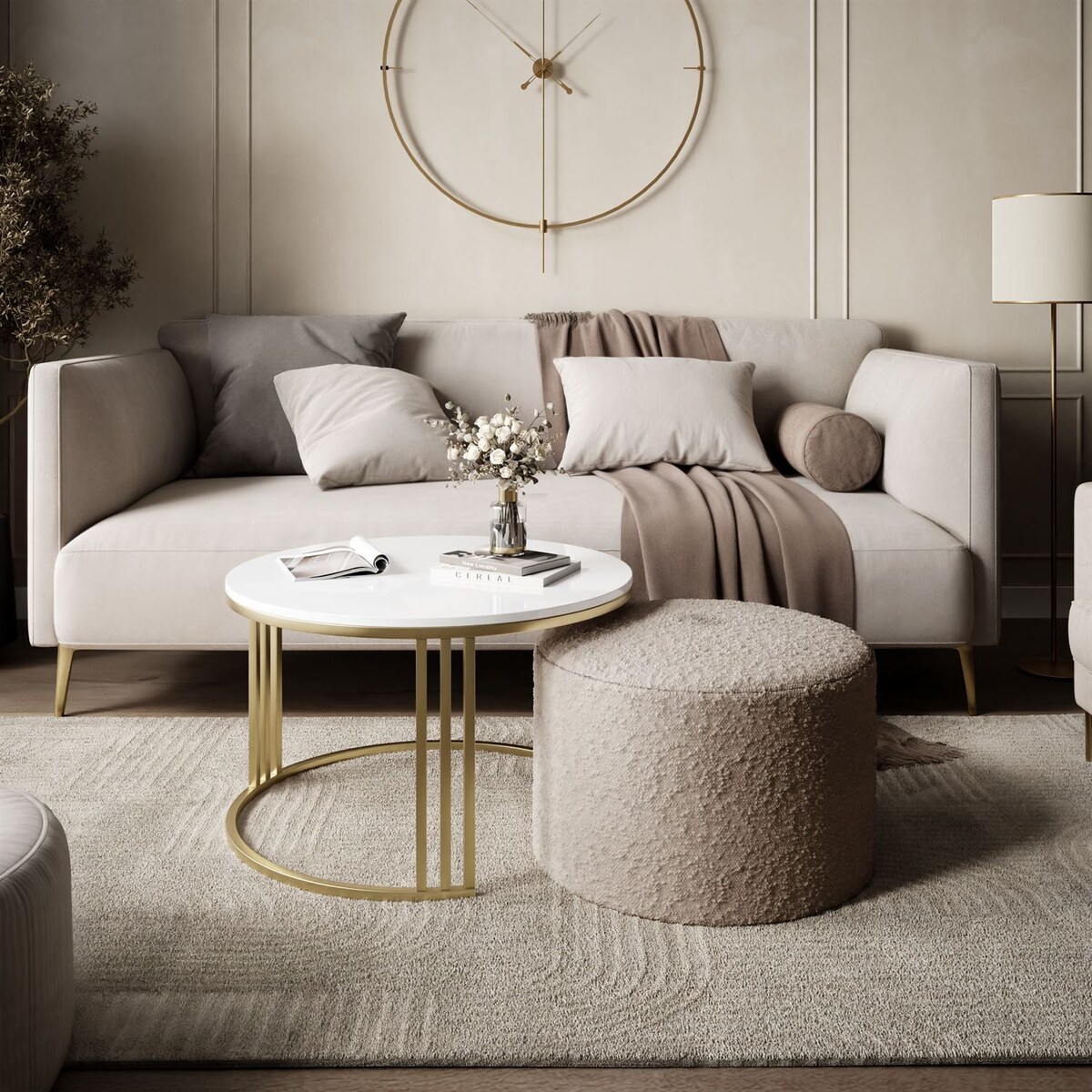 Stolik kawowy z pufą LORI POŁYSK złoto szczotkowane, biały / Coral 50