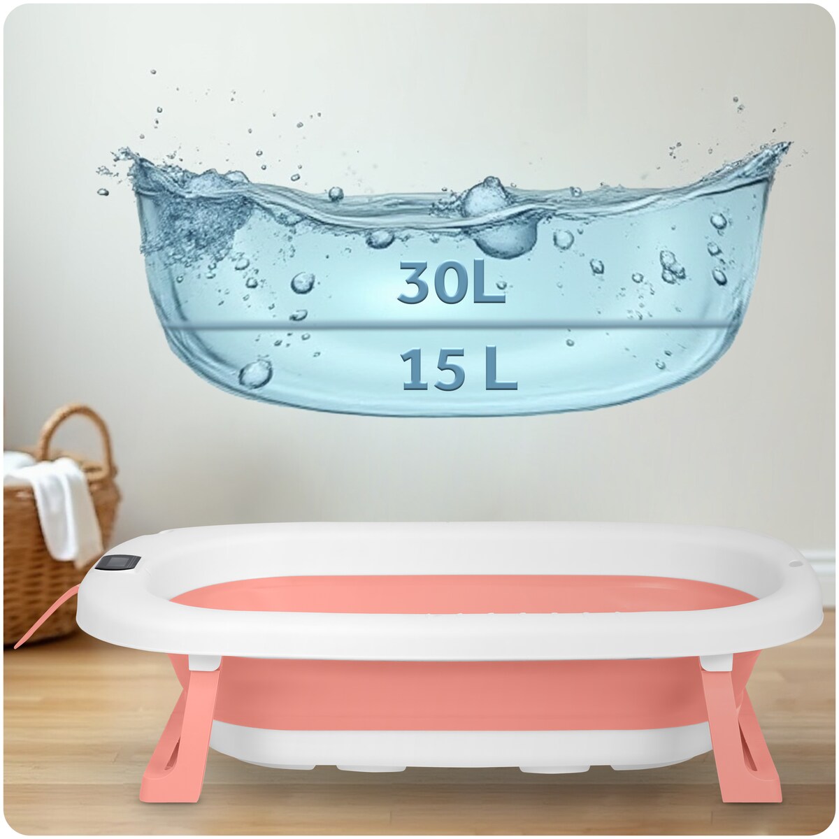 Wanienka składana dla dziecka niemowląt Ricokids silikonowa termometr LCD biało-różowa