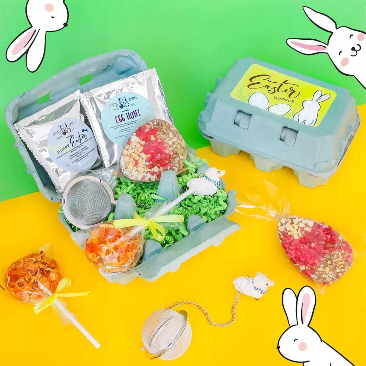 ORYGINALNA PACZKA NA WIELKANOC ZAJĄCZKA - ZESTAW PREZENTOWY HERBATA LIZAK MANGO TANGO CZEKOLADKA ZAPARZACZ - PREZENT UPOMINEK DLA KOBIETY FACETA