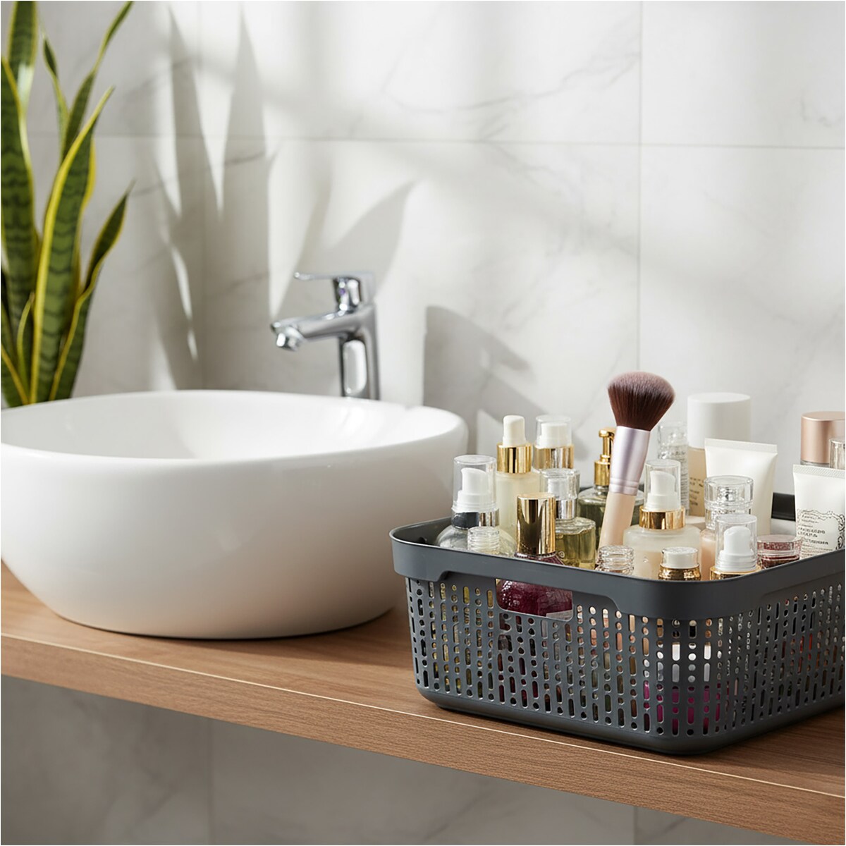 Koszyk Koszyczek Ażurowy XL Plastikowy Na Kosmetyki Do Łazienki Pojemnik Z Pokrywką Zamykany Z Dziurkami Szary