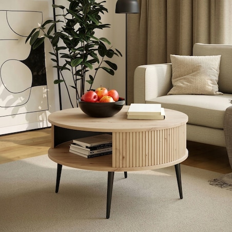 Nowoczesny Stolik Kawowy Lamele DĄB ARTISAN Ø 76 cm VERLO + Czarne Nogi