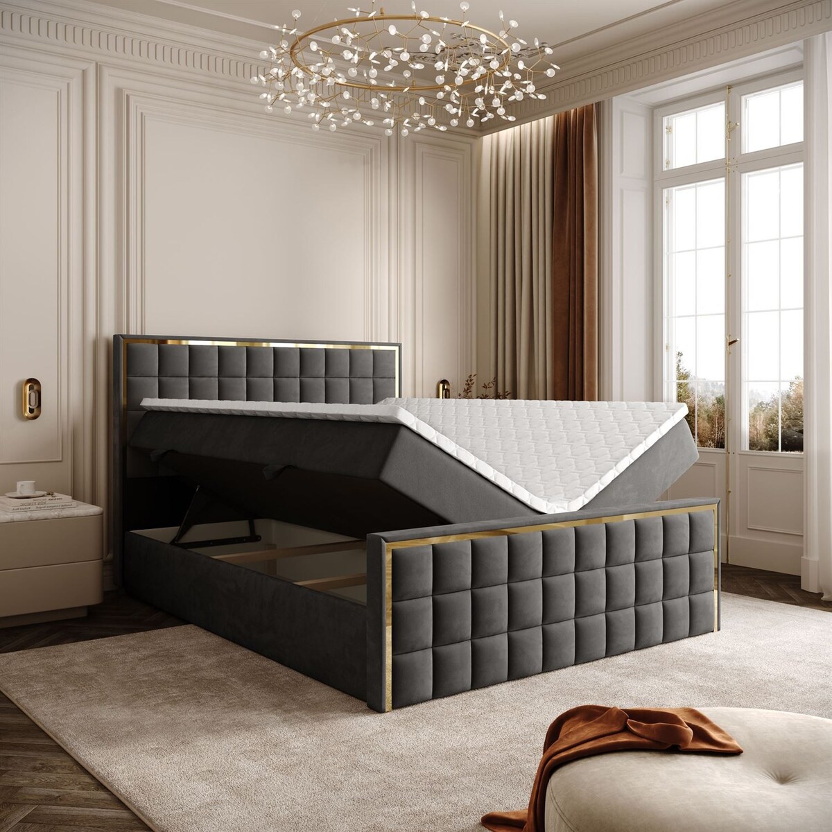 Łóżko kontynentalne ISADORA II GOLD, pojemnik na pościel, 140x200, RV 185, topper