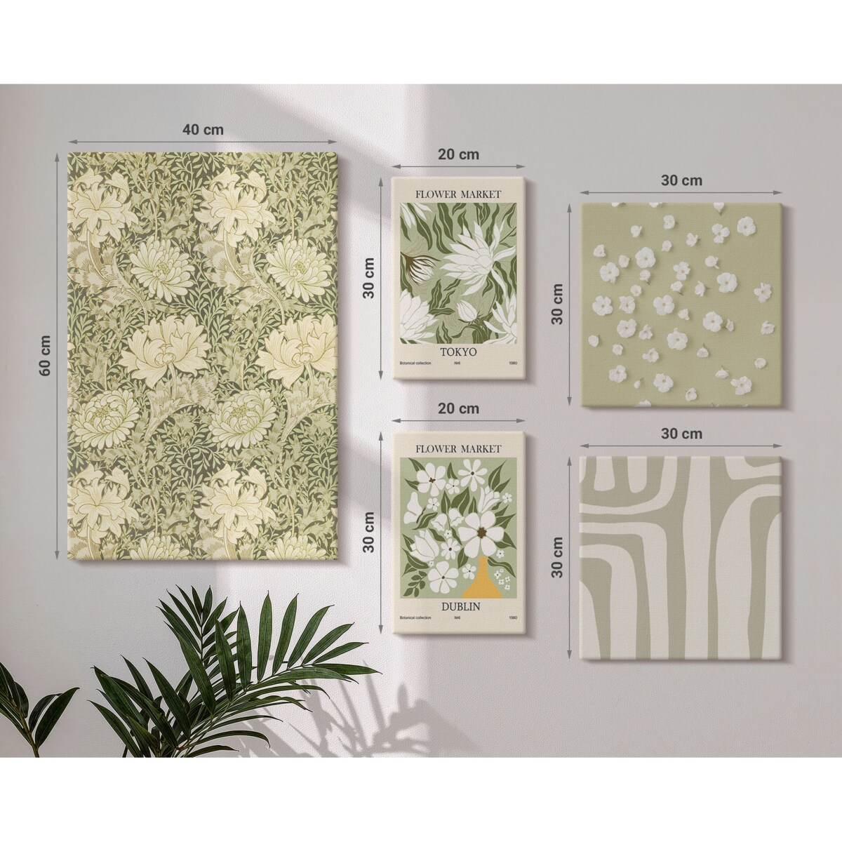 Zestaw 5 obrazów na płótnie - Roślinne boho z kwiatami - zielony