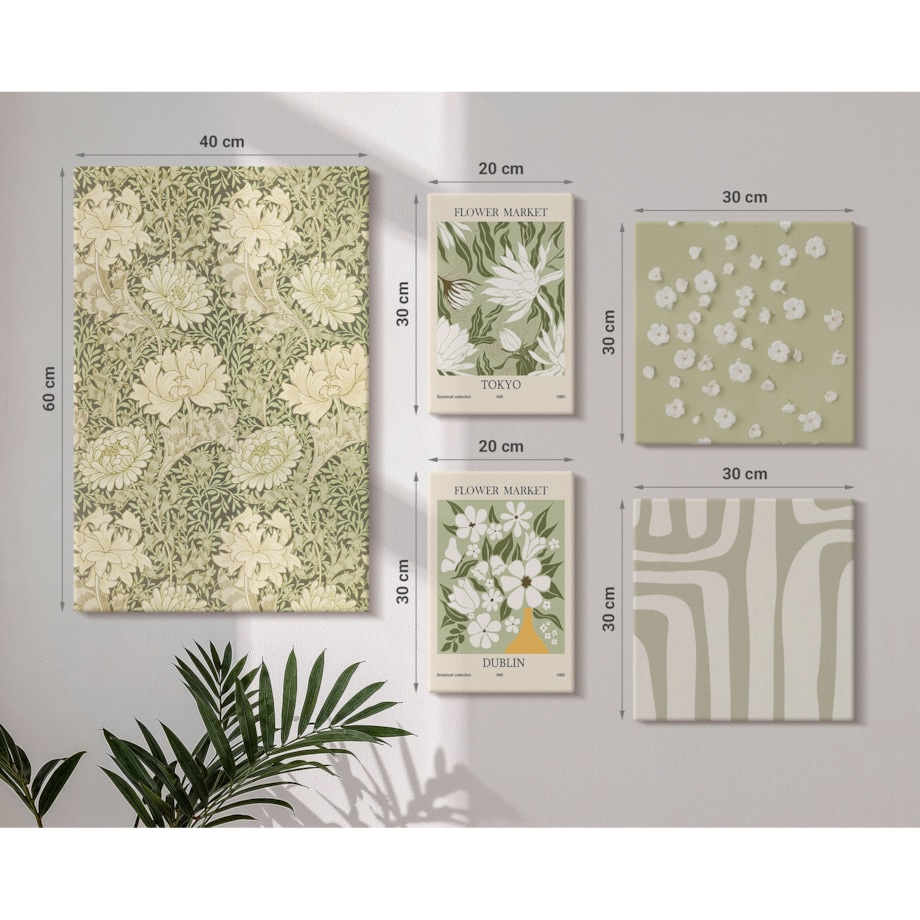 Zestaw 5 obrazów na płótnie - Roślinne boho z kwiatami - zielony