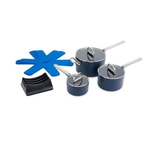 Zestaw 3 naczyń z pokrywkami + stojak Space Joseph Joseph