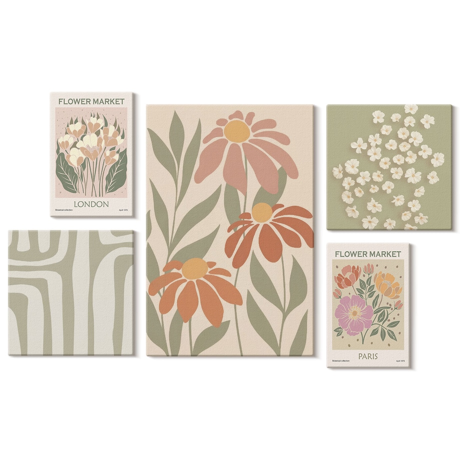 Zestaw 5 obrazów na płótnie - Kwiatowe wzory Londyn Paryż boho - zielony