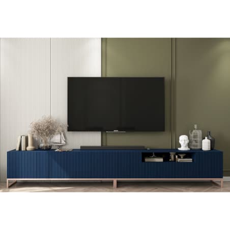 Nowoczesna Szafka RTV Glamour Komoda RTV Ryflowane Fronty Granatowy Mat 300 cm