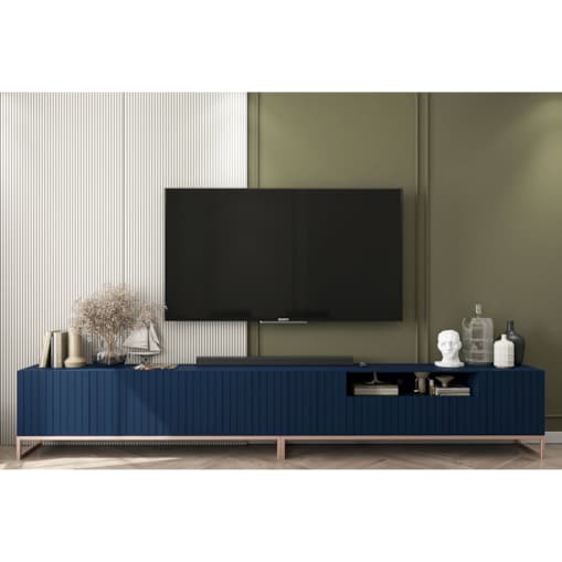 Nowoczesna Szafka RTV Glamour Komoda RTV Ryflowane Fronty Granatowy Mat 300 cm