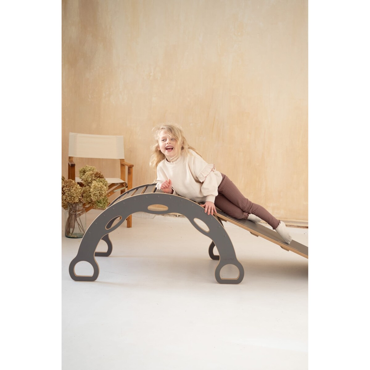 3w1 DUŻY bujak montessori z uchwytami + DUŻA zjeżdżalnia DRABINKA + blat - szary