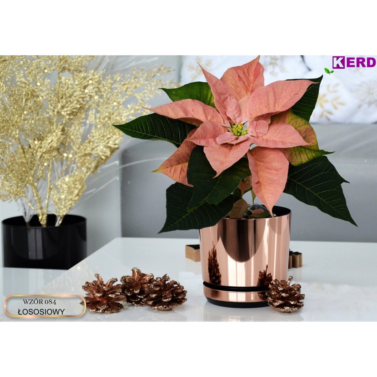 26 cm wzór ŁOSOSIOWY Doniczka z podstawką nowoczesna elegancka różowe złoto glamour wysoki połysk industrialny loft retro