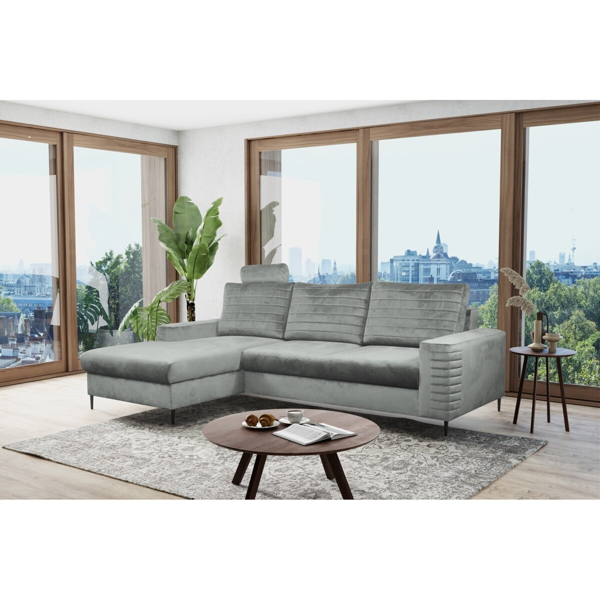 Narożnik rozkładany z zagłówkiem i pojemnikiem OLI, lewostronny, szary