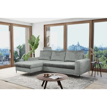 Narożnik rozkładany z zagłówkiem i pojemnikiem OLI, lewostronny, szary