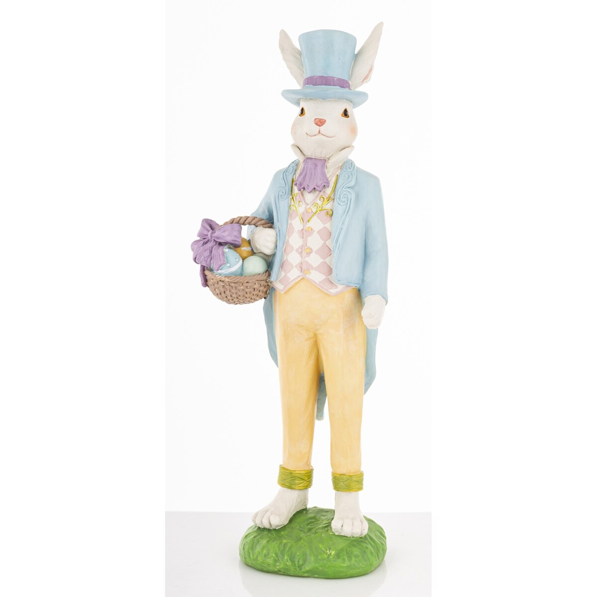 Figurka - królik w niebieskim fraku i cylindrze 36x14x10 cm z koszykiem pisanek