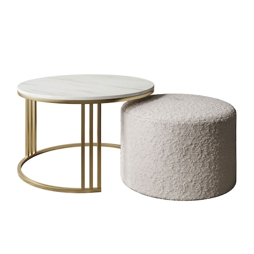 Stolik kawowy z pufą LORI MAT złoto szczotkowane,Marmur Levanto / Coral 65