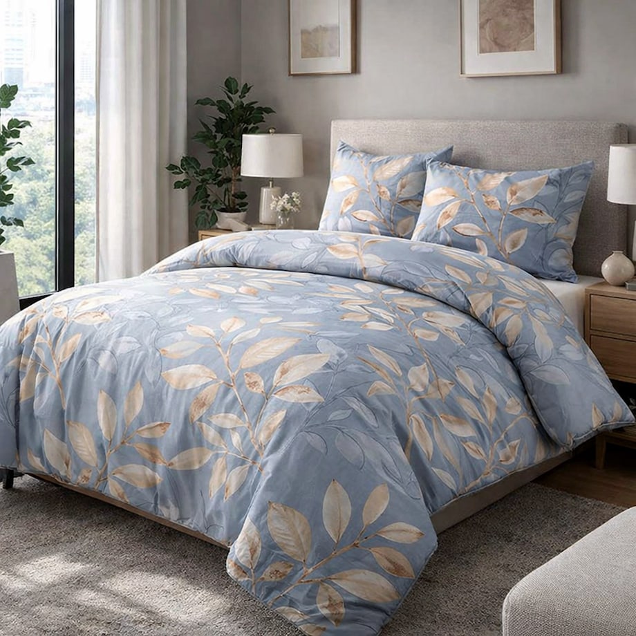 Pościel bawełniana 140x200 Sandleaf niebieska w beżowe liście, Cottonlove