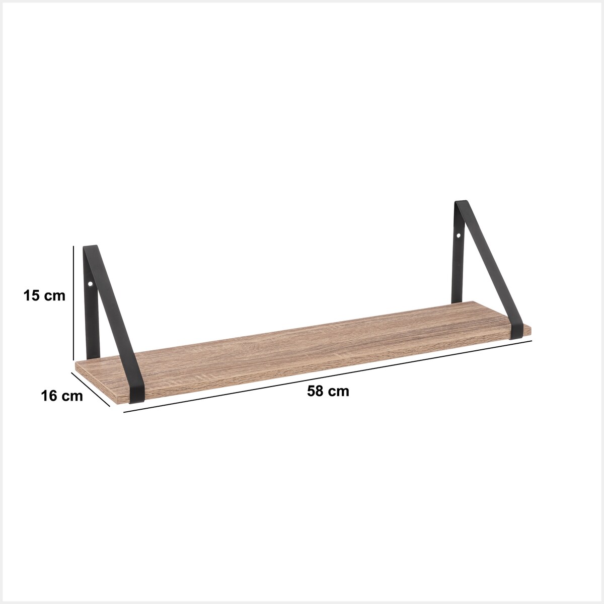 Półka ścienna z metalowymi uchwytami ALIAJ, 58 x 15 x 16 cm