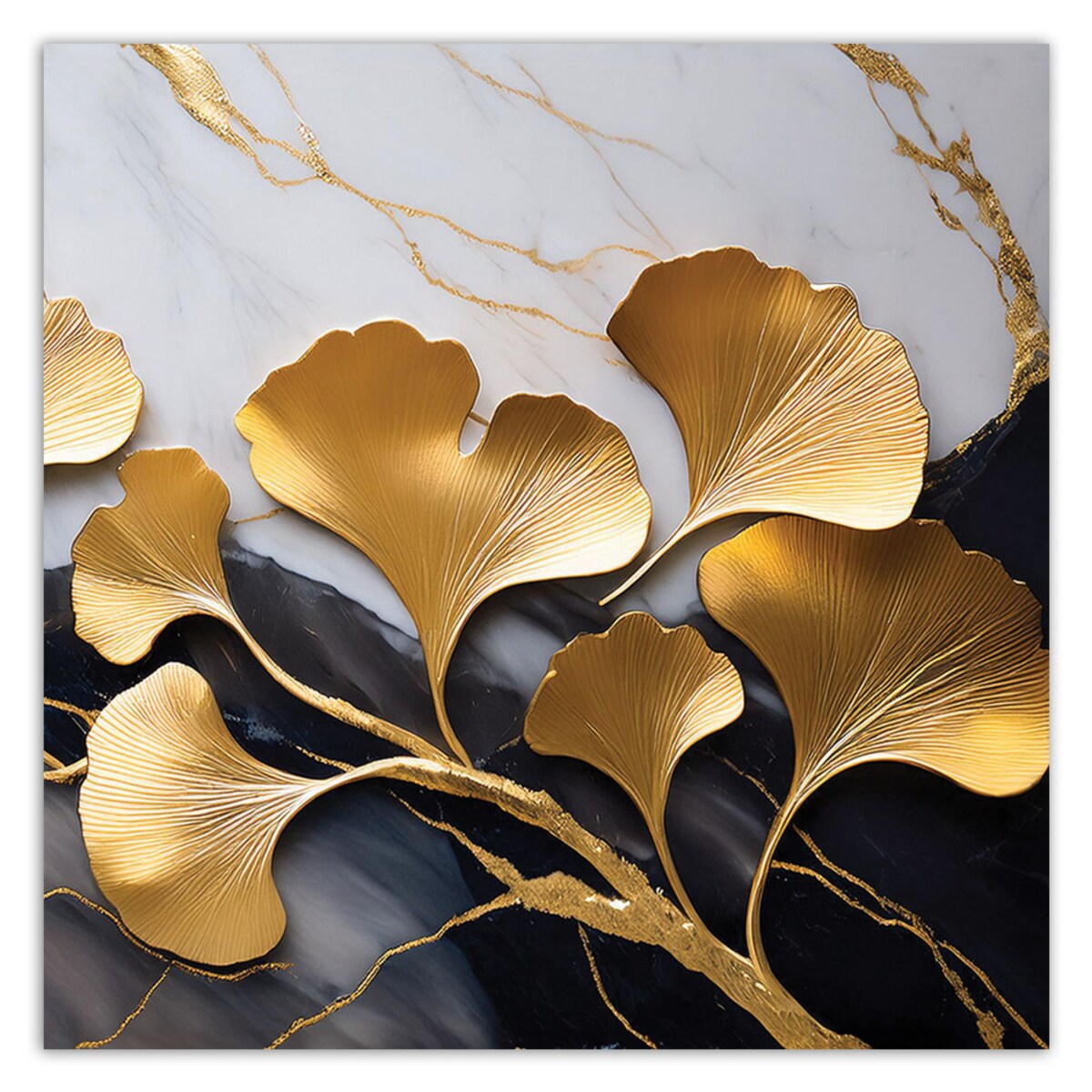 Stylowy Obraz na płótnie na ścianę Kwiaty Ginko Botanika Marmur Szaro Złoty 60x60