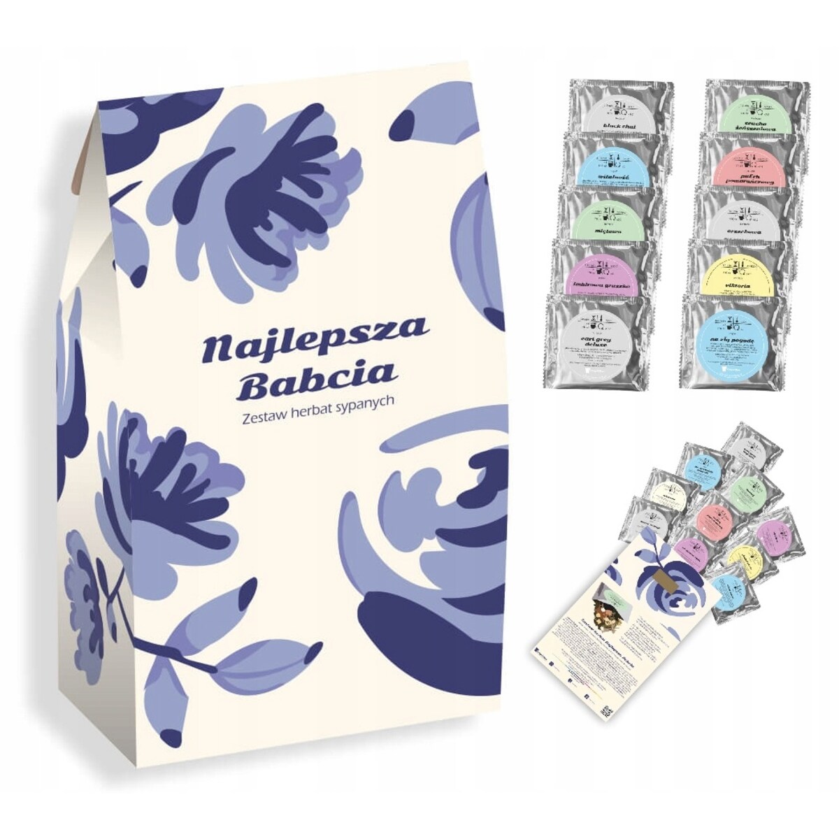 PREZENT UPOMINEK PODARUNEK NA DZIEŃ BABCI URODZINY 10 SMAKÓW HERBAT SYPANYCH PREMIUM GIFT BOX KOSZ PUDEŁKO ZESTAW PREZENTOWY UPOMINKOWY