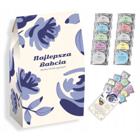 PREZENT UPOMINEK PODARUNEK NA DZIEŃ BABCI URODZINY 10 SMAKÓW HERBAT SYPANYCH PREMIUM GIFT BOX KOSZ PUDEŁKO ZESTAW PREZENTOWY UPOMINKOWY