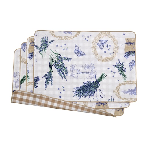 Dwustronne podkładki z motywem lawendowym i klasyczną beżowo-białą kratą Lavender & Beige Gingham – komplet 4 szt.