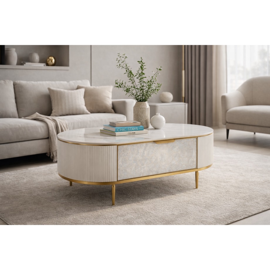 Kremowy stolik kawowy glamour Champion z muszlami i spiekiem 122x71x45