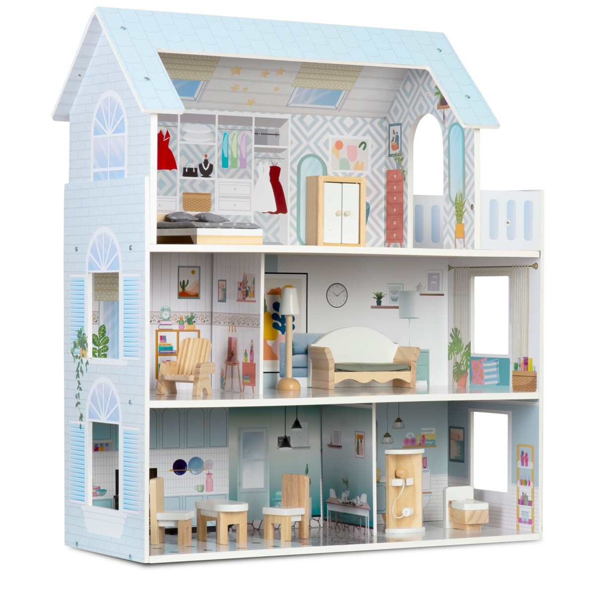 Duży drewniany domek dla lalek niebieski akcesoria Ricokids